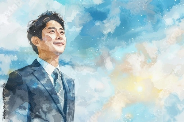 Fototapeta 青空と笑顔のビジネスマンの水彩画（就活・転職・就職・会社・仕事・会社員）