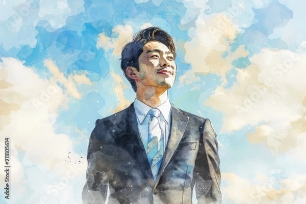 Fototapeta 青空と笑顔のビジネスマンの水彩画（就活・転職・就職・会社・仕事・会社員）