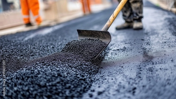 Fototapeta process of laying asphalt using machinery