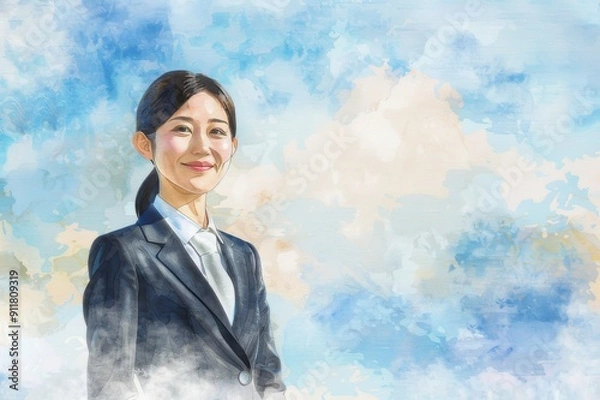 Fototapeta 青空と笑顔の女性会社員の水彩画（就活・転職・就職・会社・仕事・ビジネスウーマン）
