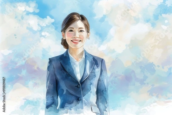 Obraz 青空と笑顔の女性会社員の水彩画（就活・転職・就職・会社・仕事・ビジネスウーマン）