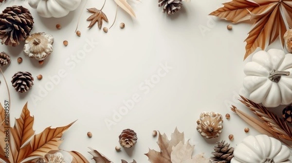 Fototapeta Minimal flat lay thanksgiving background with white pumpkins, brown leaves, and pine cones. generative ai