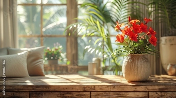 Fototapeta Sunlight Streaming Through a Window onto a Wooden Table with Flowers
