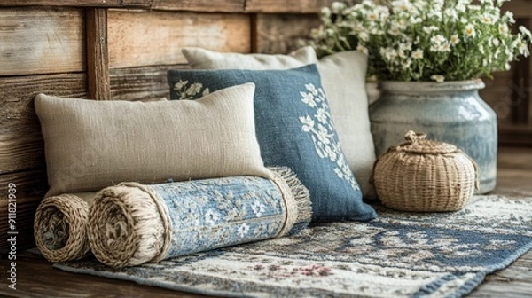 Obraz rustic farmhouse decor, various delightful farmhouse patterns on a rustic backdrop create a warm and welcoming atmosphere in any room