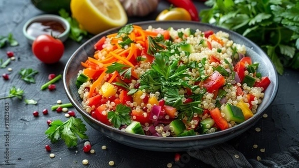 Fototapeta This refreshing scene captures the essence of health with fluffy quinoa grains mixed with a variety of fresh vegetables, aromatic herbs, and a zesty lemon vinaigrette