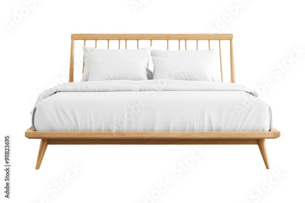Fototapeta Wooden bed frame with white bedding