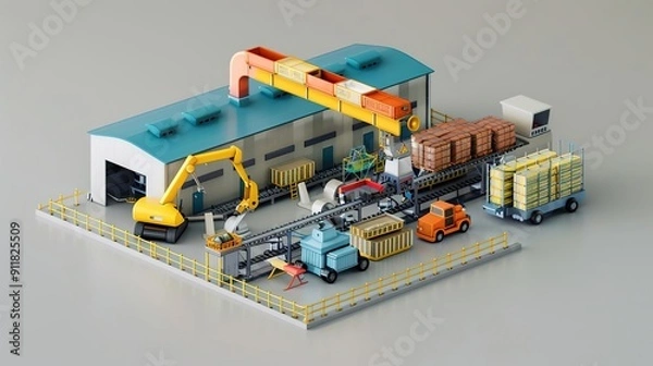 Fototapeta 3D Illustration of a Factory with Automated Systems and Forklifts