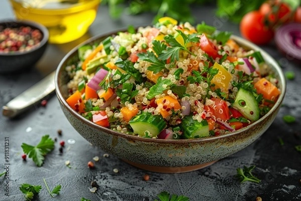 Obraz This refreshing scene captures the essence of health with fluffy quinoa grains mixed with a variety of fresh vegetables, aromatic herbs, and a zesty lemon vinaigrette