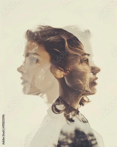 Fototapeta Portrait of an emigrant woman longing for home and a place to belong, complex emotions and duality