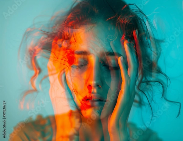 Fototapeta Portrait of a woman suffering from anxiety or some other mood disorder for mental health awareness