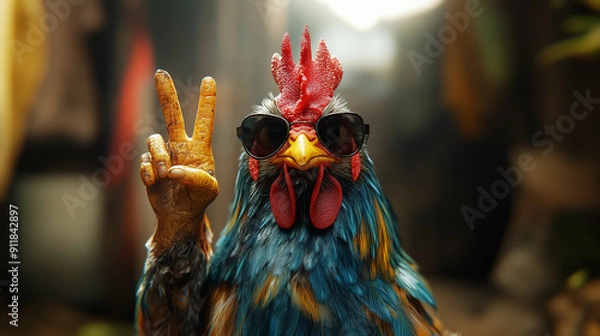 Fototapeta rooster wearing sunglasses and doing V-sign, funny cartoon. Design for Wall Art, Poster Print, Wallpaper & Background