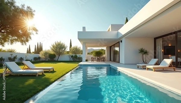 Fototapeta A beautiful white villa with a large lawn and swimming pool	