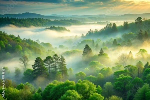 Fototapeta Ethereal pale green mist envelops a serene forest at dawn, with dewy foliage and trees emerging from the fog, exuding tranquility and natural beauty.