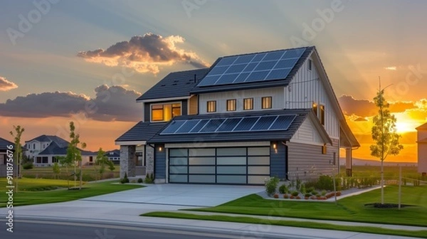 Fototapeta Eco-Friendly House with Solar Panels: Two-story American model house with solar panels neatly installed on its roof. 