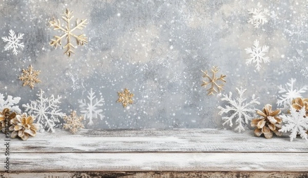 Fototapeta Window background with snowflakes and a wooden table in a winter festive Christmas season atmosphere, professional photography
