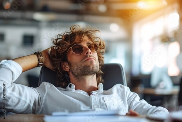 Fototapeta A relaxed professional leans back in a chair, wearing sunglasses, in a modern office with warm lighting..