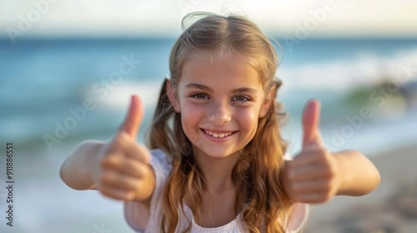 Fototapeta A happy young girl gives two thumbs up while standing on the beach, smiling brightly in the sun..