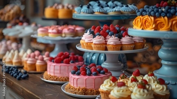 Fototapeta A table full of desserts including cakes, cupcakes, and pastries