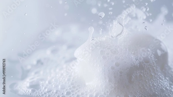 Fototapeta Captivating slow-motion cascade of soap suds creates delicate foam bubbles, as liquid pours to form airy texture of cleanliness