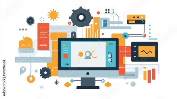 Fototapeta of various software development and project management tools and concepts presented in a modern flat design style