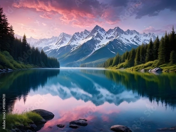 Fototapeta Serene Mountain Alpine Stream Picturesque Snow Capped Mountains Wall Art Print Artwork Green Forest Pine Trees Wilderness Camping Remote Lake Reflection Sunrise Pink Clouds
