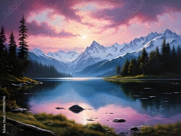 Fototapeta Serene Mountain Alpine Stream Picturesque Snow Capped Mountains Wall Art Print Artwork Green Forest Pine Trees Wilderness Camping Remote Lake Reflection Sunrise Pink Clouds