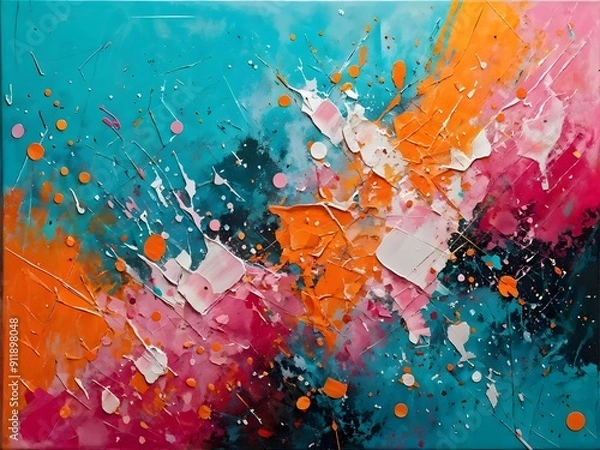 Fototapeta Abstract Textured Splatter Painting Wall Art Print Artwork Orange Teal Gradient