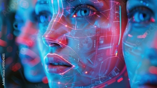 Fototapeta Faces with prism reflections in holographic setting, top view, showcasing advanced digital art, cybernetic tone, vivid