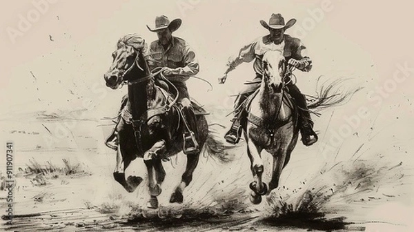 Fototapeta Two cowboys riding horses in dynamic action sketch