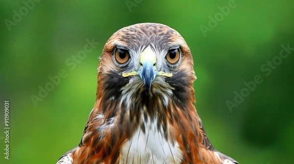 Fototapeta Hawk staring forward, detailed close-up shot in green