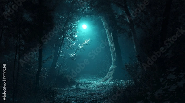 Fototapeta Magical night sky, the glowing blue light filters through the trees, creating a fantasy forest scene bathed in ethereal illumination. magical, fantasy, night, light, glowing, nature, background, tree.