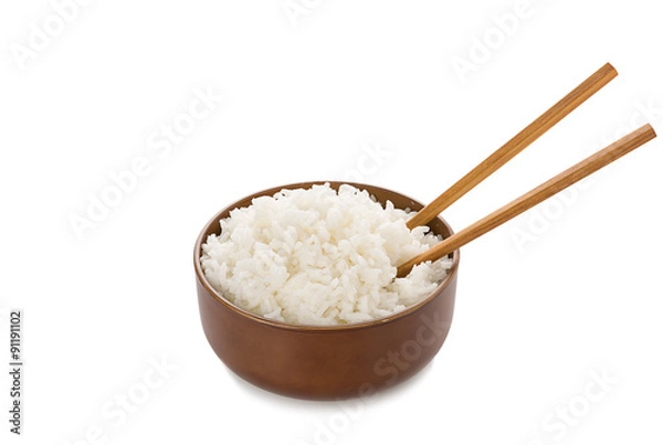 Fototapeta Rice in bowl and chopsticks on white background