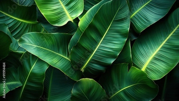 Obraz A close-up shot of the vibrant green leaves of banana tree.