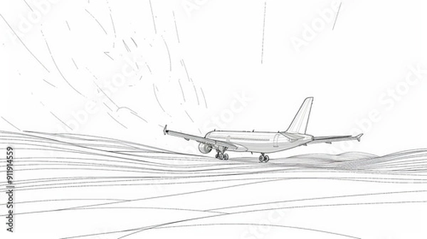 Fototapeta Landing airplane in minimalist line art style