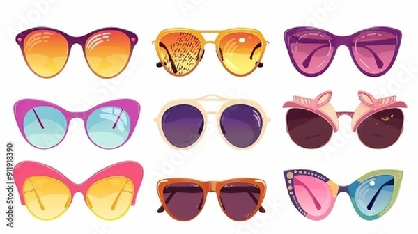 Fototapeta Set of nine colorful sunglasses with vibrant frame designs.