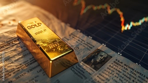 Fototapeta Financial newspaper with headlines on gold price forecast, symbolizing market interest and predictions.