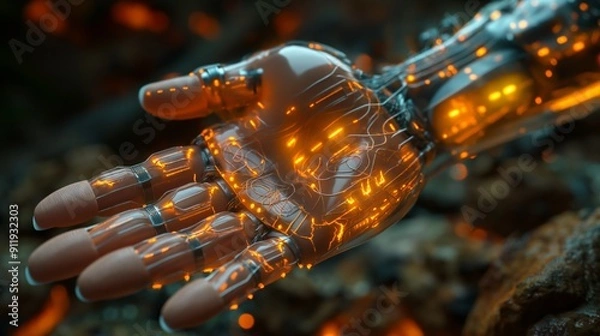 Fototapeta A close-up of a high-tech AI robotic hand with glowing circuits, representing digital connectivity, futuristic technology, and the advancement of artificial intelligence