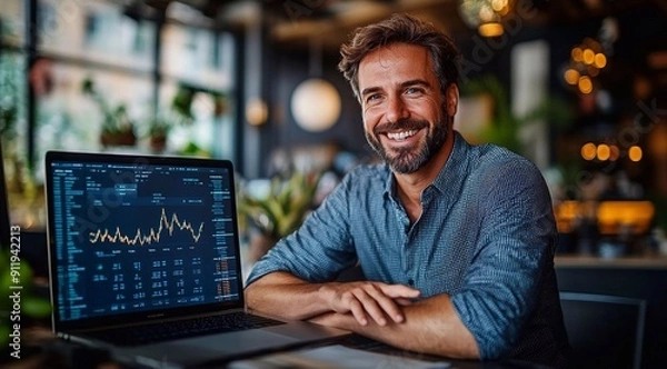 Fototapeta Happy business man crypto broker, financial investor, trader or expert adviser at work, stockbroker portrait. Digital trade finance exchange market, bank asset management, stock funds investment.