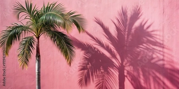 Fototapeta Palm tree shadow on pink wall, palm tree, shadow, pink, wall, sunlight, tropical, summer, exotic, silhouette, nature