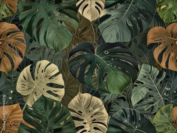 Obraz Tropical Leaves Pattern in shades of green, brown, and yellow
