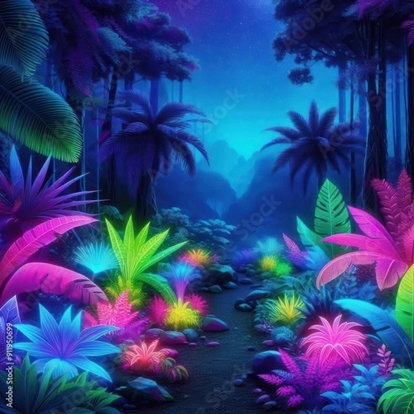 Fototapeta A mesmerizing scene of a neon jungle under a starry night, perfect for fantasy, adventure, and exotic themes.