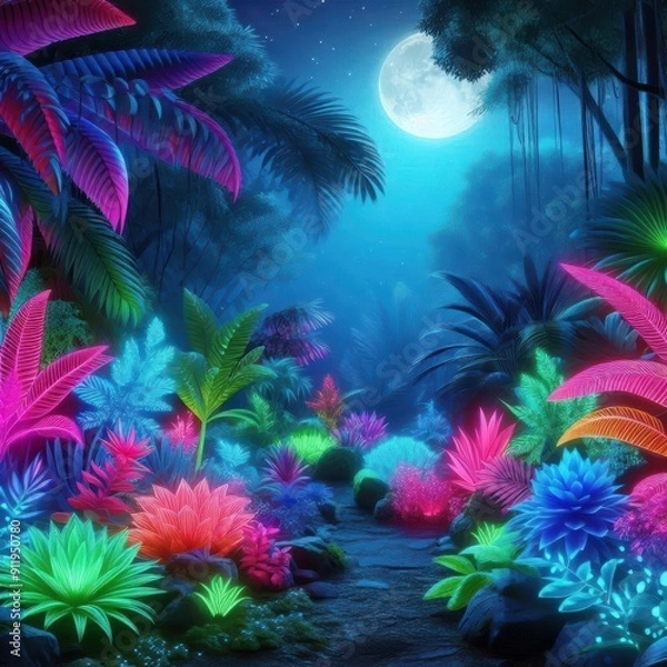 Fototapeta Vibrant neon jungle at night with glowing plants and a full moon, perfect for fantasy and surreal themes.