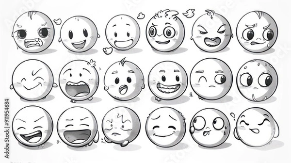 Fototapeta 18 hand-drawn cartoon emoticons with various expressions.