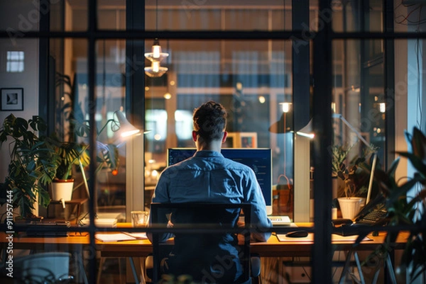 Fototapeta a businessman working alone at his computer at night, tired and stressed out from overwork