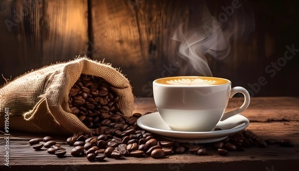 Fototapeta Cup of coffee latte and coffee beans in burlap sack on old wooden background 