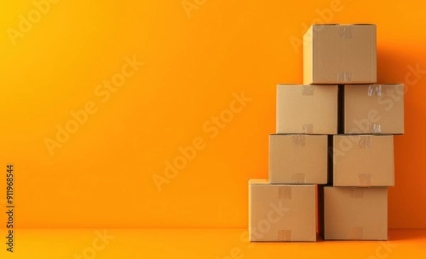 Fototapeta A stack of empty cardboard boxes is arranged against a vibrant orange backdrop