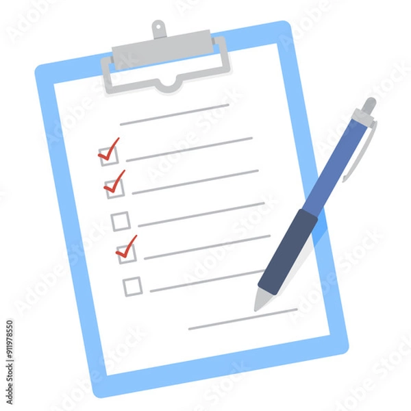 Fototapeta クリップボード上のアンケートとペンのイラスト 線なし フラット 縦