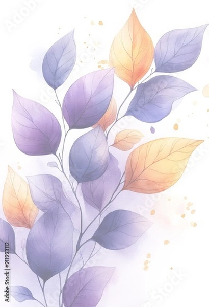 Fototapeta 水彩の紫と金の葉 白背景