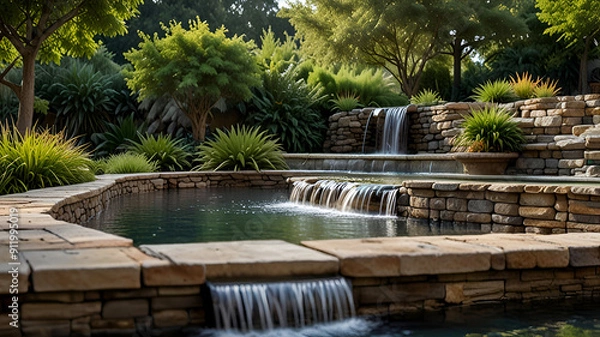 Obraz Water feature fountain waterfall as wide banner with copy space area for garden landscape design concepts. Ai generative