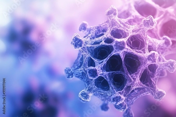 Fototapeta Macro shot of an alien virus with a unique geometric structure, interacting with host cells. High-resolution, detailed textures, crisp focus